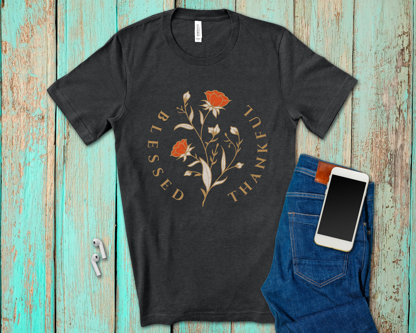 Floral Blessed and Thankful T-shirt for Christian Ladies-T-Shirts-PureDesignTees
