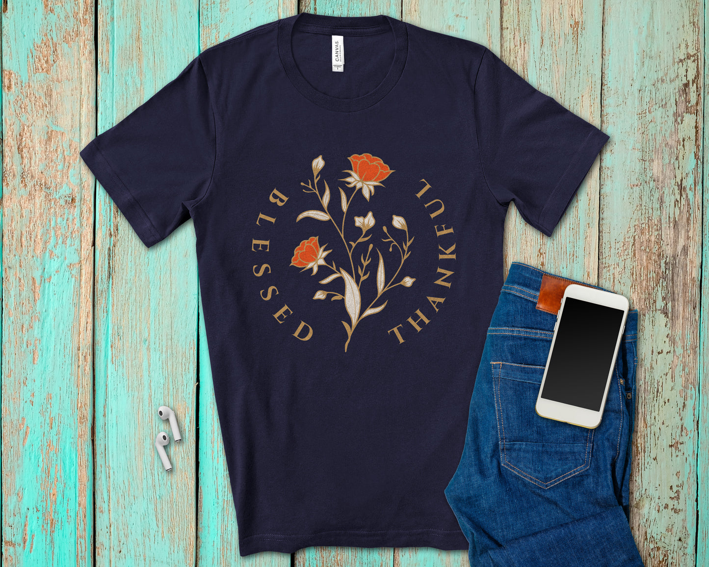 Floral Blessed and Thankful T-shirt for Christian Ladies-T-Shirts-PureDesignTees
