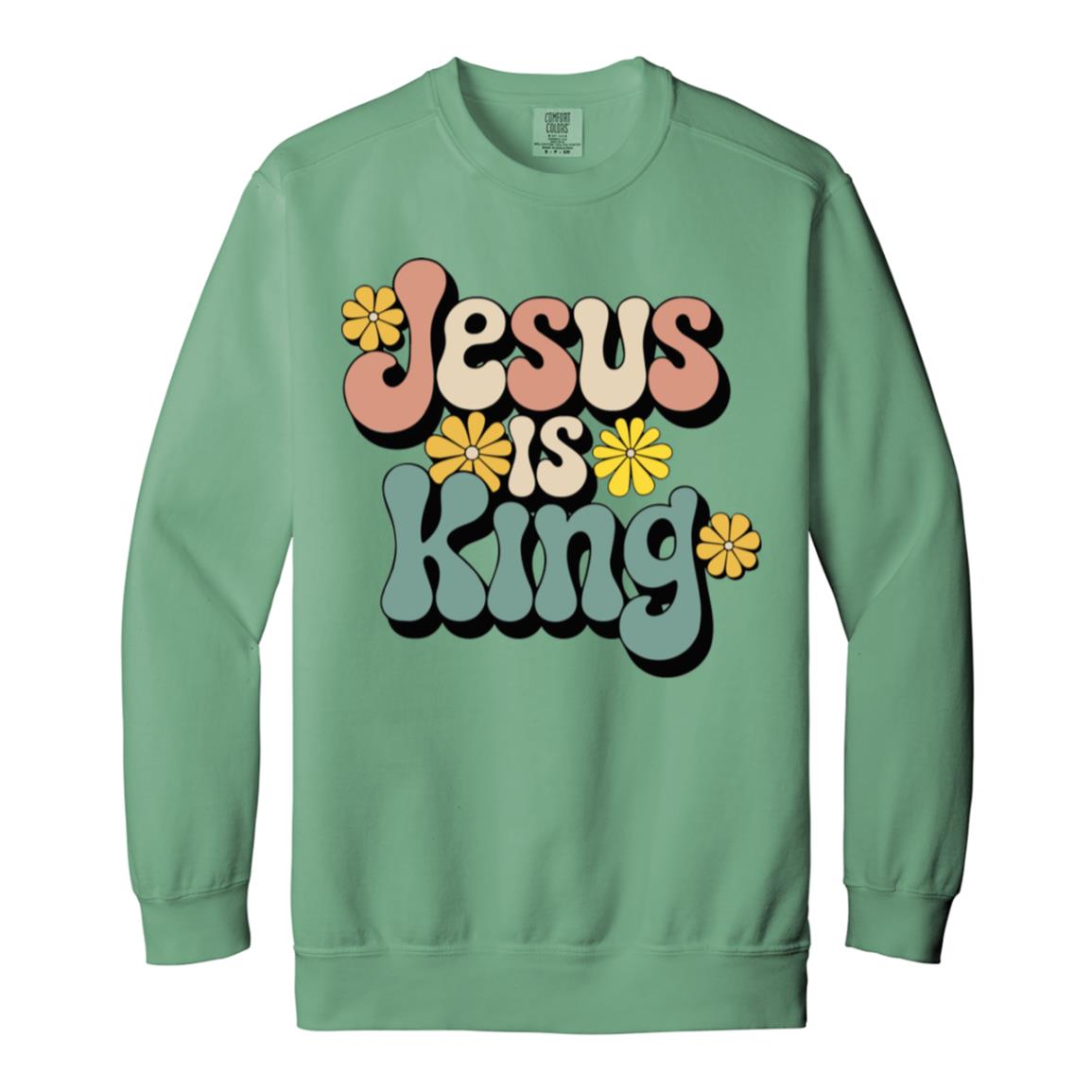 Retro 60s Jesus is King Garment-Dyed Christian Crewneck Sweatshirt-Sweatshirts-PureDesignTees