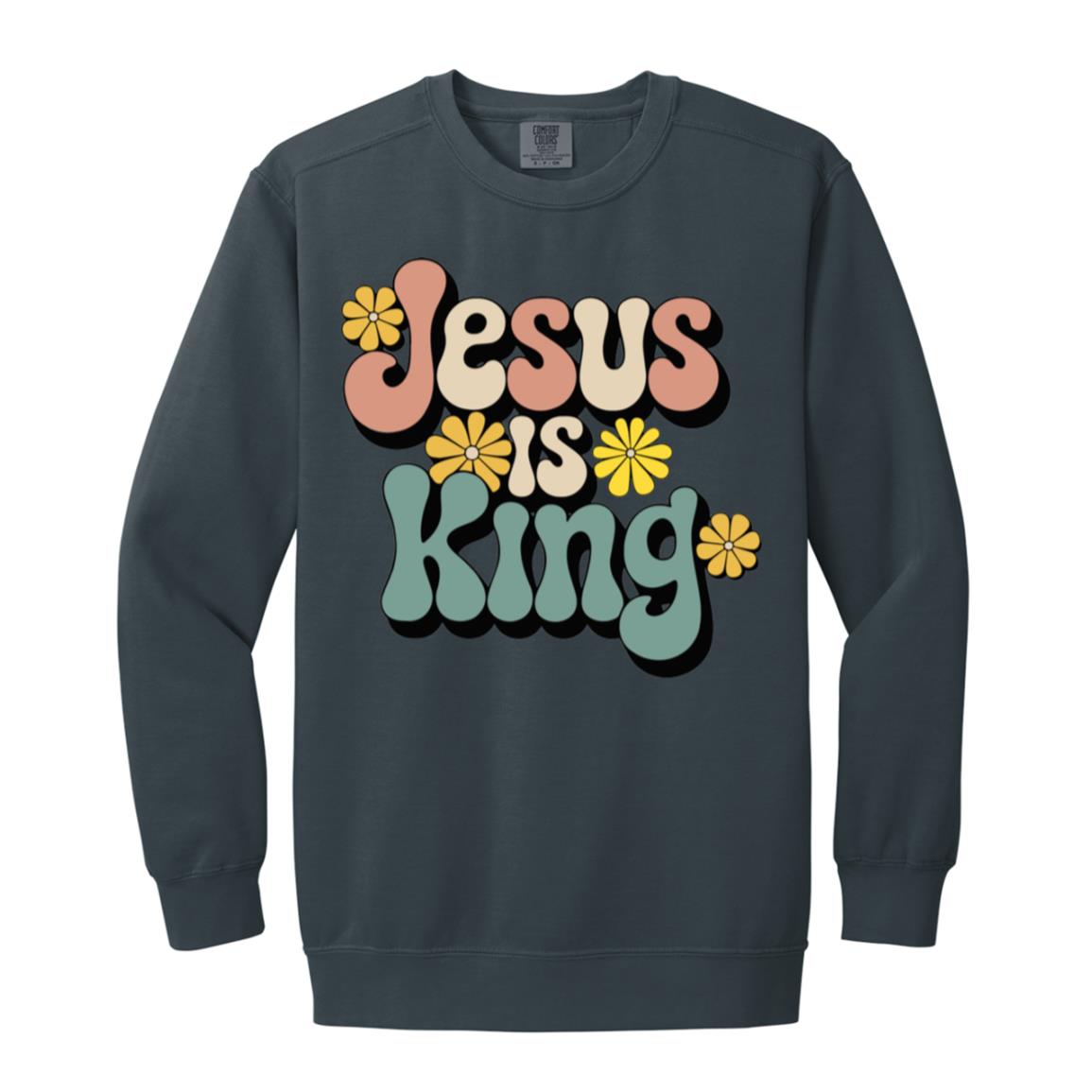 Retro 60s Jesus is King Garment-Dyed Christian Crewneck Sweatshirt-Sweatshirts-PureDesignTees