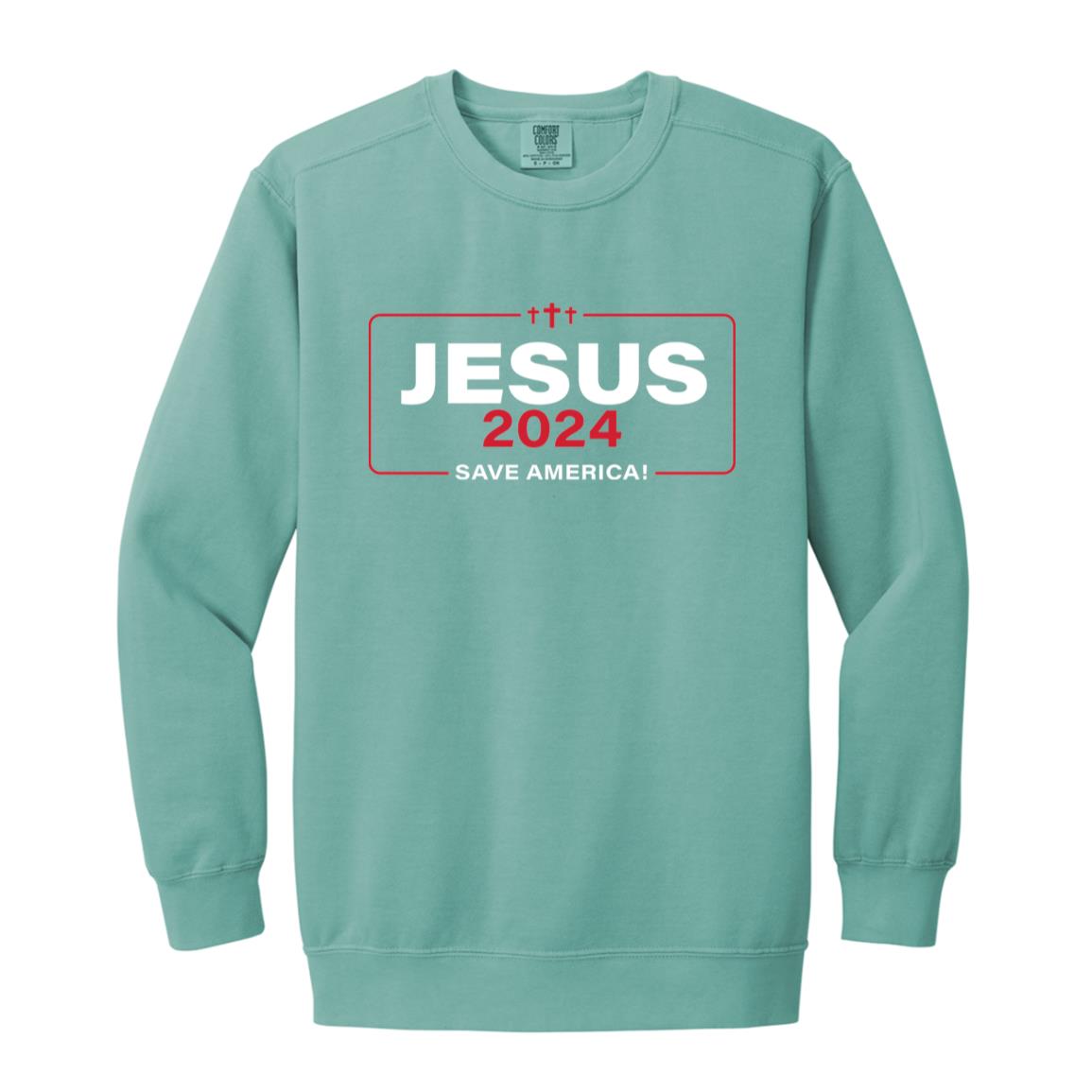 Jesus 2024 Save America Garment-Dyed Adult Crewneck Sweatshirt-Sweatshirts-PureDesignTees