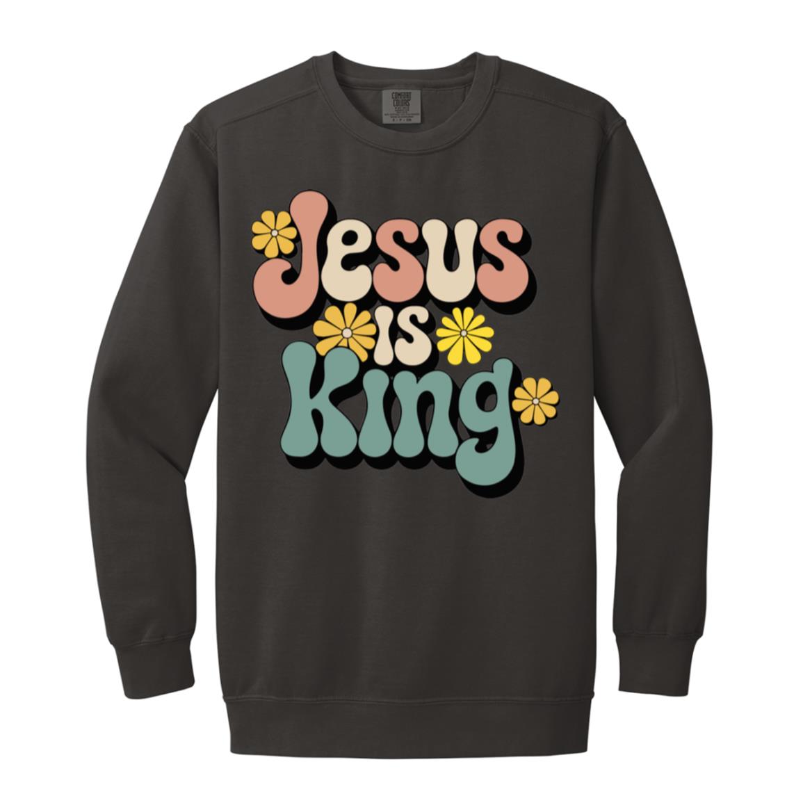 Retro 60s Jesus is King Garment-Dyed Christian Crewneck Sweatshirt-Sweatshirts-PureDesignTees