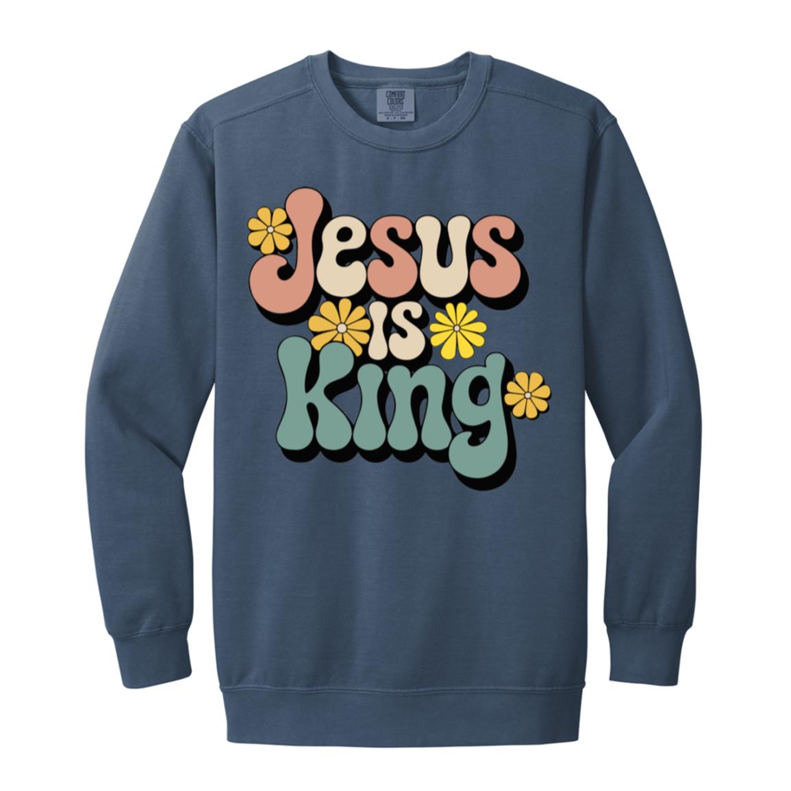 Retro 60s Jesus is King Garment-Dyed Christian Crewneck Sweatshirt-Sweatshirts-PureDesignTees