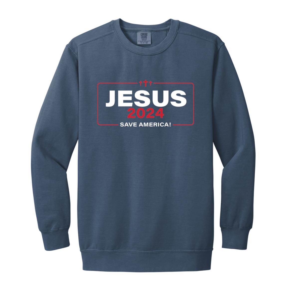 Jesus 2024 Save America Garment-Dyed Adult Crewneck Sweatshirt-Sweatshirts-PureDesignTees