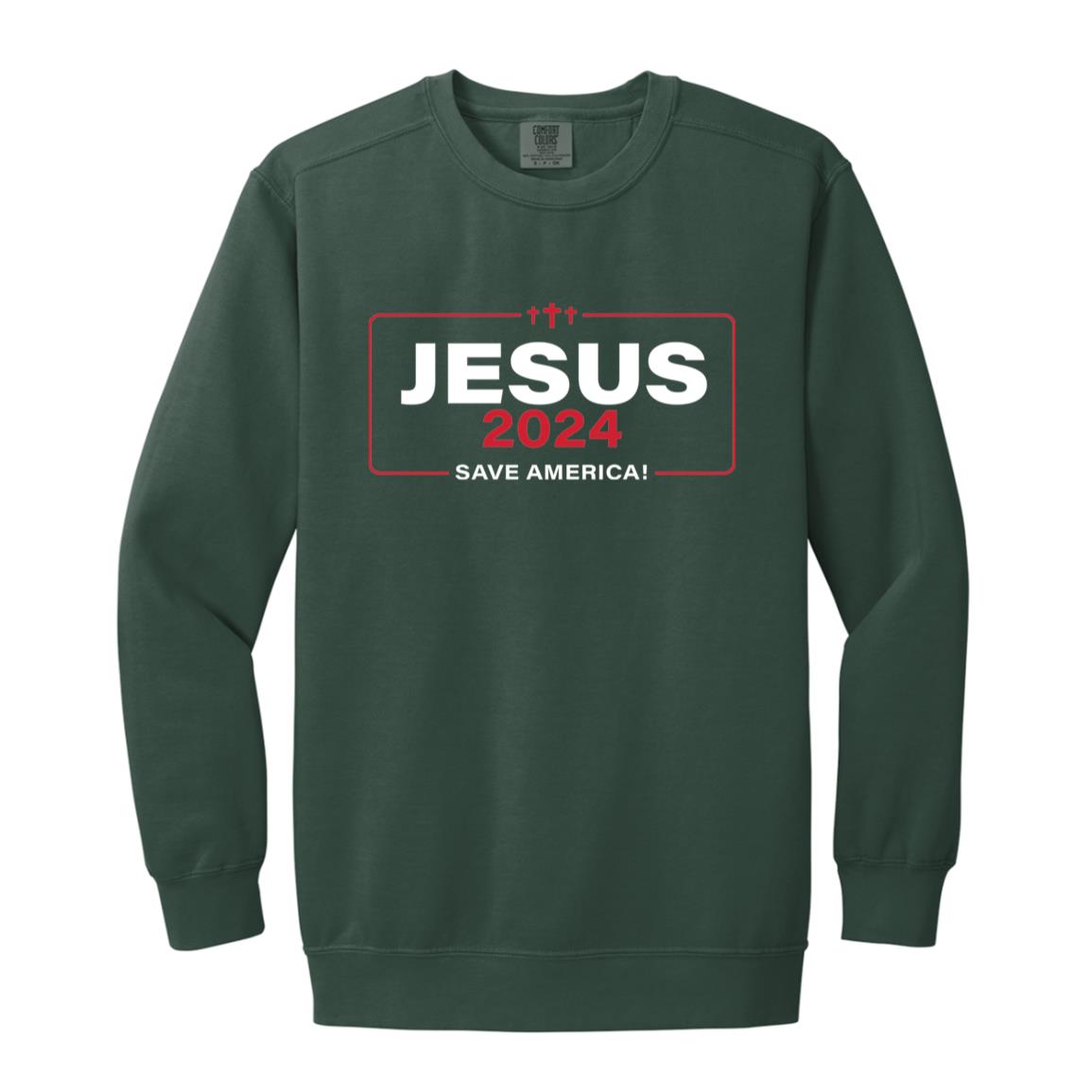 Jesus 2024 Save America Garment-Dyed Adult Crewneck Sweatshirt-Sweatshirts-PureDesignTees