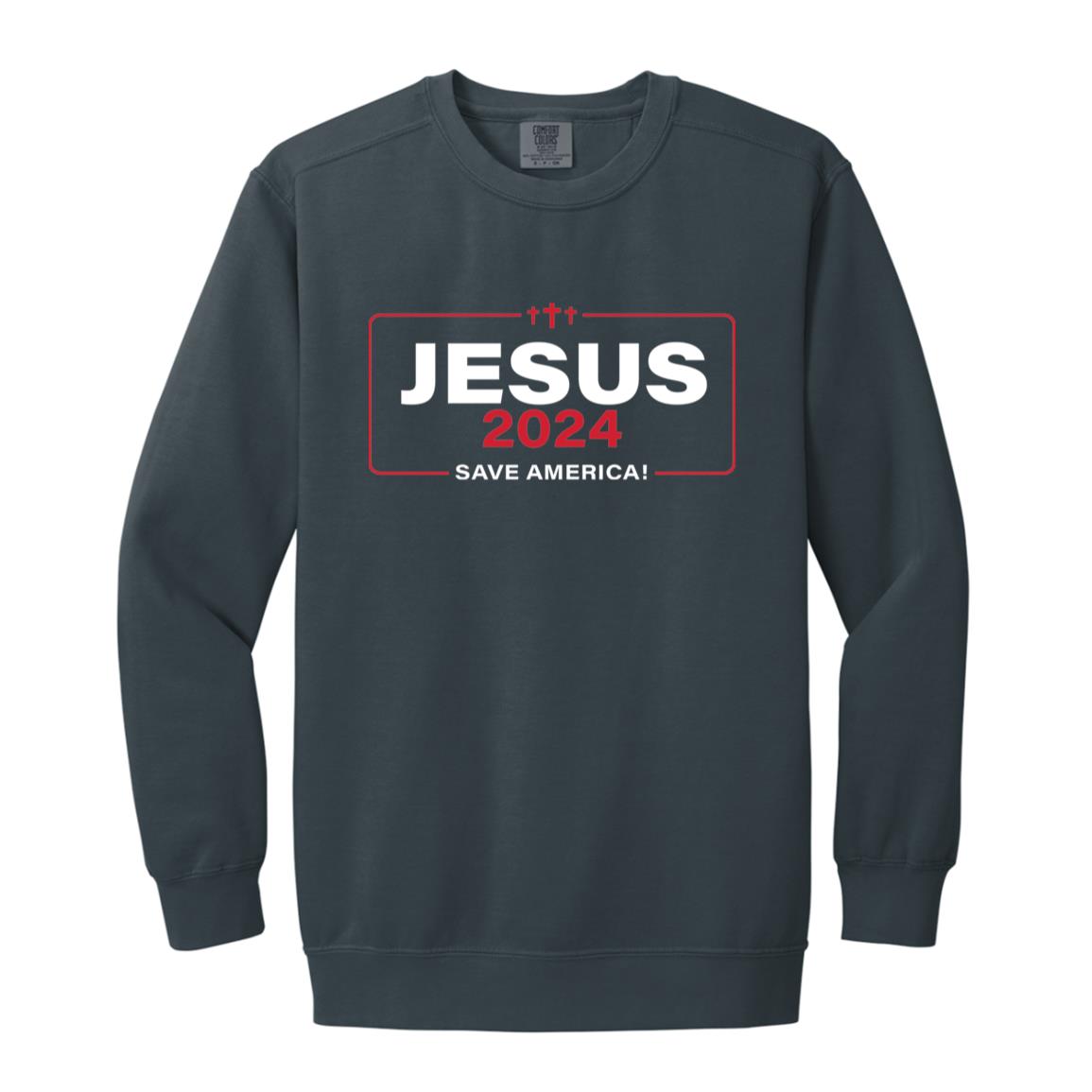 Jesus 2024 Save America Garment-Dyed Adult Crewneck Sweatshirt-Sweatshirts-PureDesignTees