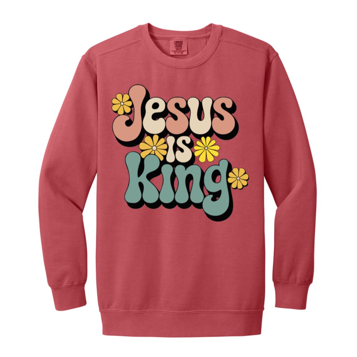 Retro 60s Jesus is King Garment-Dyed Christian Crewneck Sweatshirt-Sweatshirts-PureDesignTees