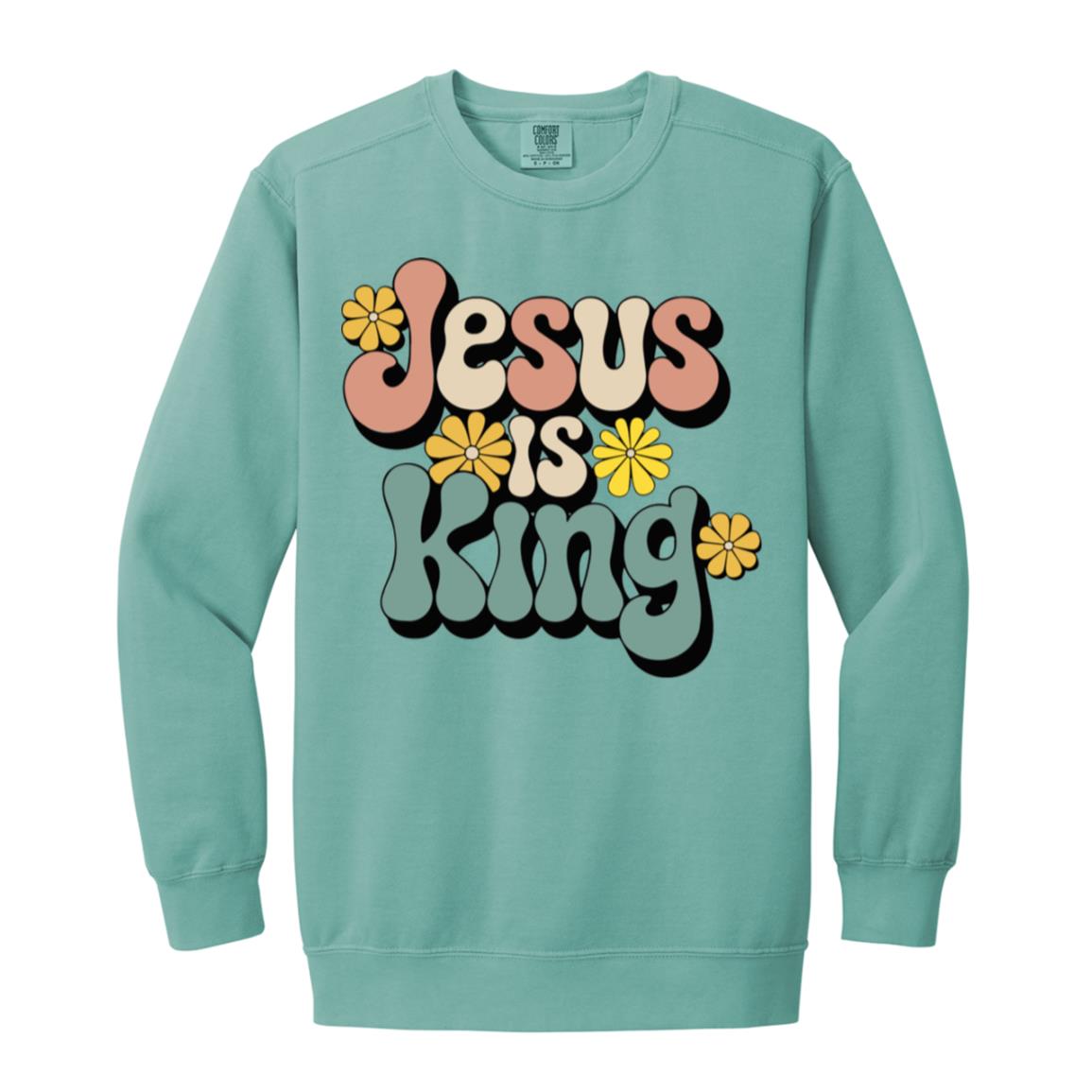 Retro 60s Jesus is King Garment-Dyed Christian Crewneck Sweatshirt-Sweatshirts-PureDesignTees