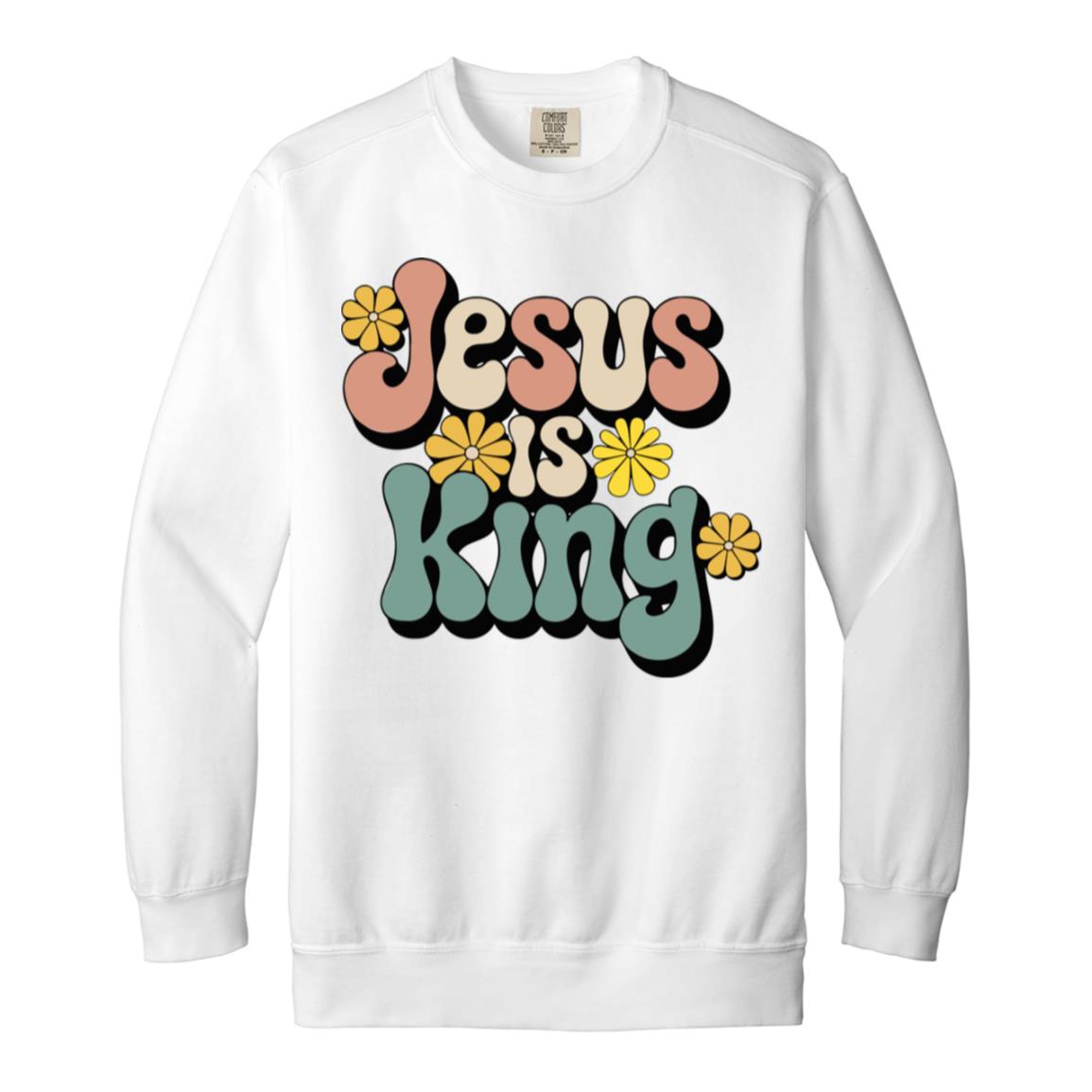 Retro 60s Jesus is King Garment-Dyed Christian Crewneck Sweatshirt-Sweatshirts-PureDesignTees