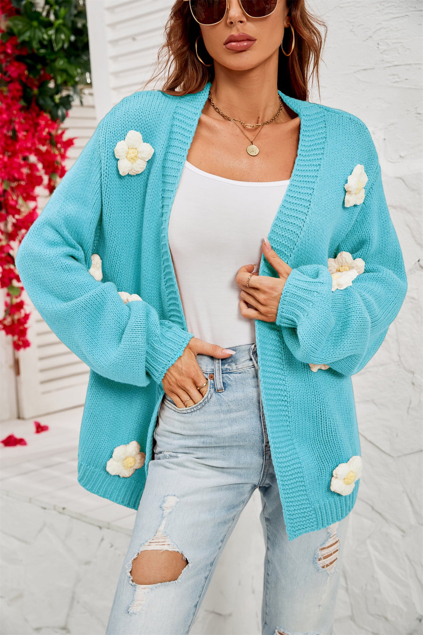 Flower Detail Open Front Cardigan-Coats & Jackets-PureDesignTees