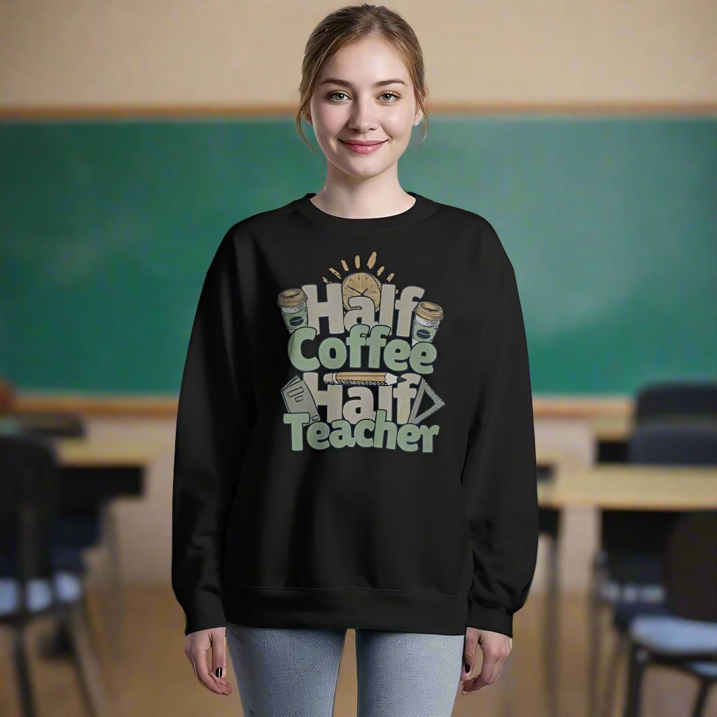 Coffee Lover Sweatshirt for Teachers - Half Coffee Half Teacher Unisex Crewneck Sweatshirt-Sweatshirt-PureDesignTees