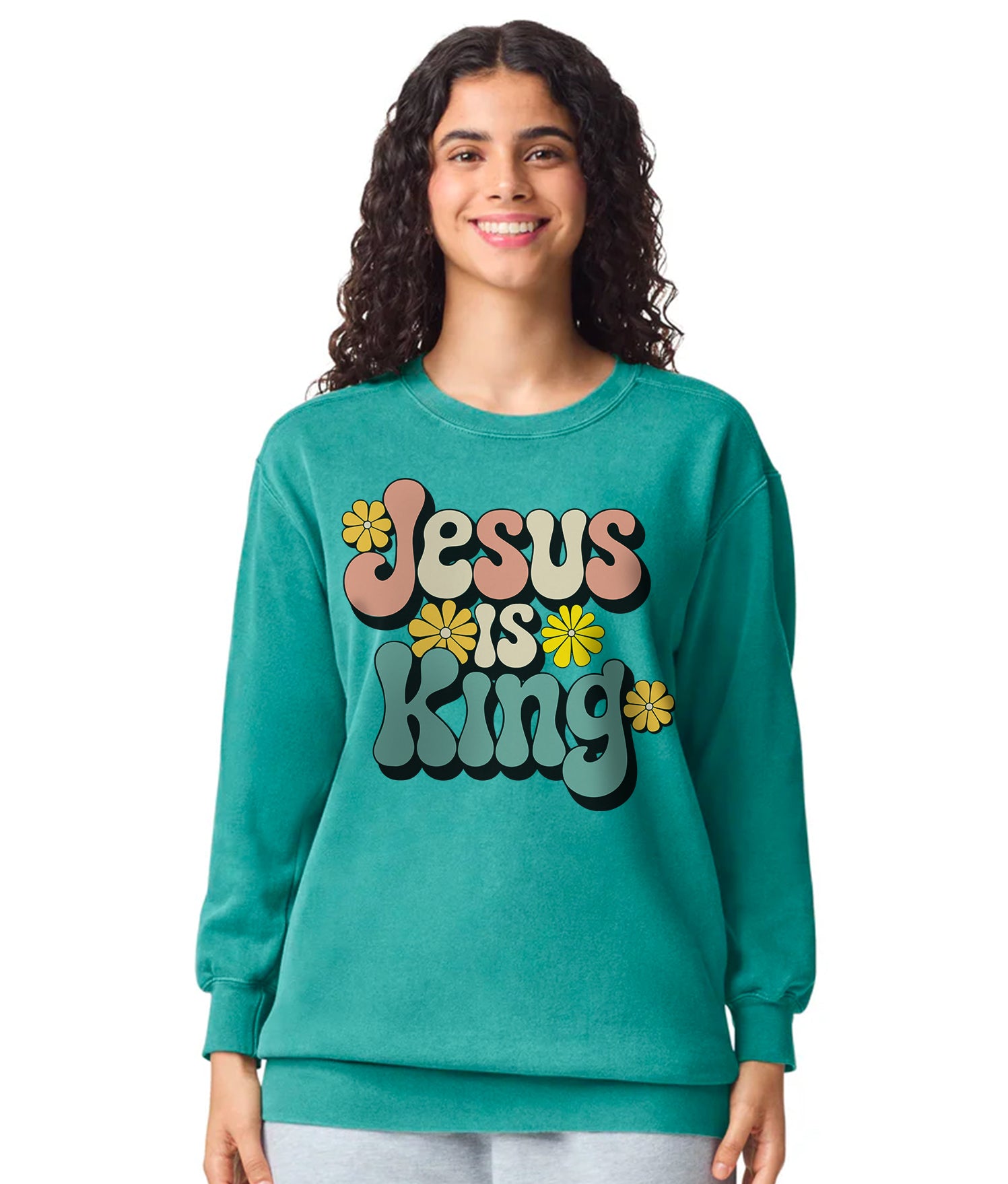 Retro 60s Jesus is King Garment-Dyed Christian Crewneck Sweatshirt-Sweatshirts-PureDesignTees