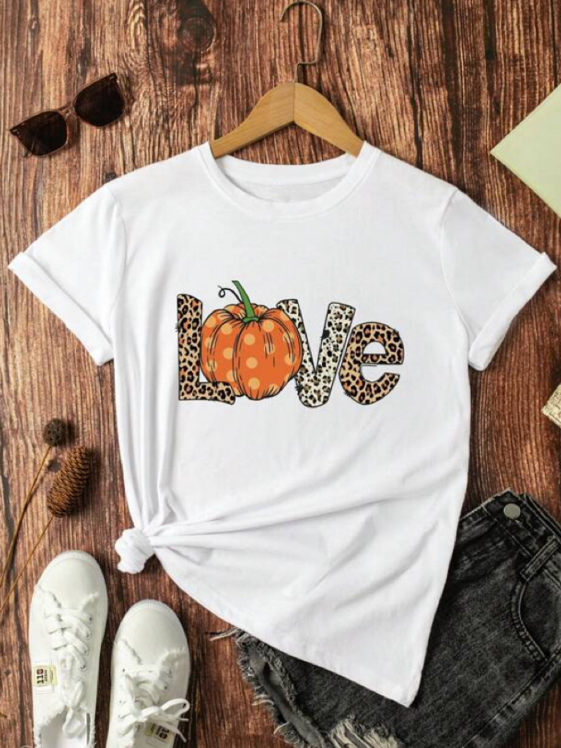 Fall Pumpkin Simply Love Full Size LOVE Graphic T-Shirt-Ladies T-Shirt-PureDesignTees