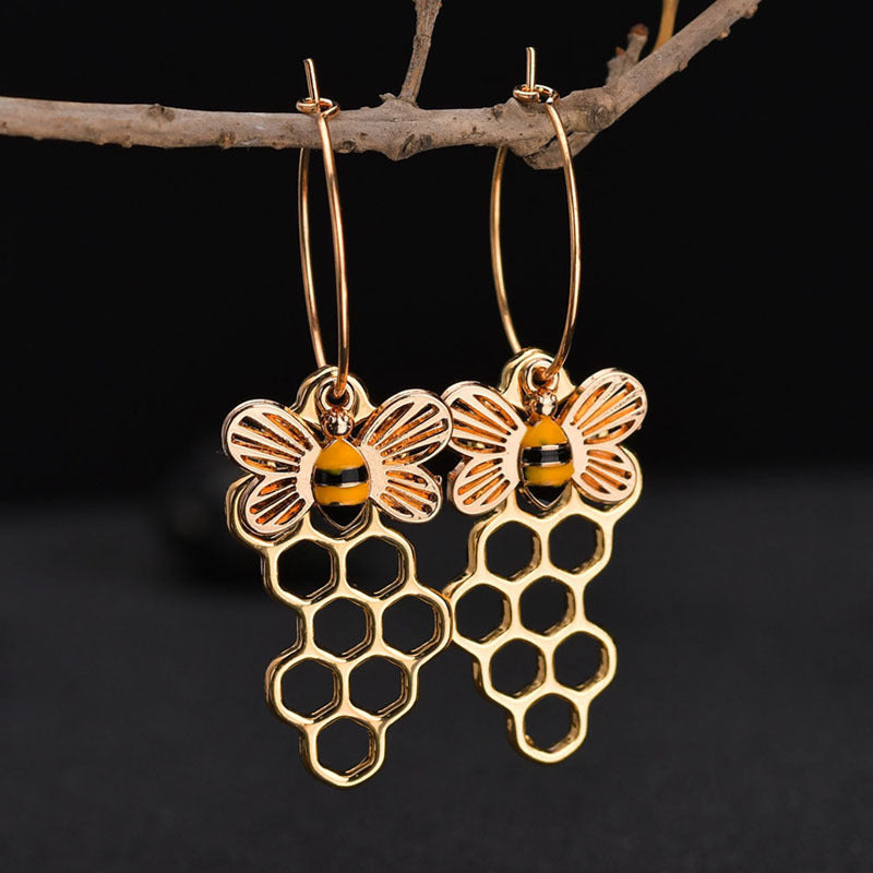 Fashion Women's Enamel Hollow Bee Honeycomb Dangle Earrings-Earrings-PureDesignTees