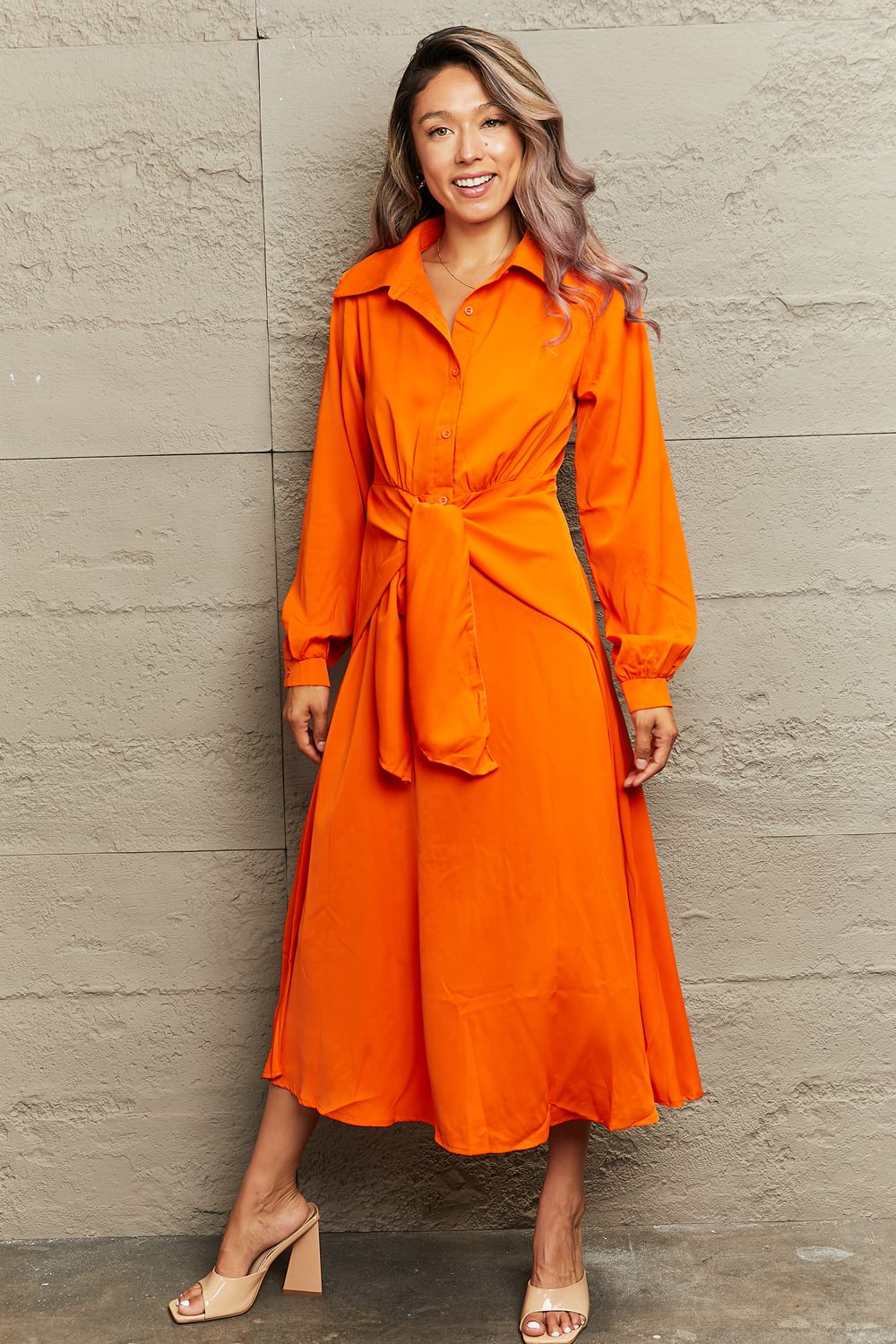 Collared Neck Long Sleeve Twisted Midi Dress-midi dress-PureDesignTees