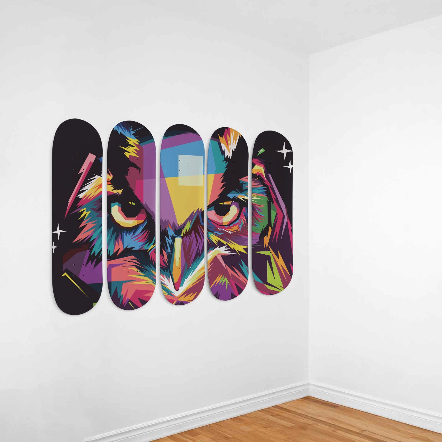 Colorful Owl 5 Skateboard Wall Art-5 Skateboard Wall Art-PureDesignTees