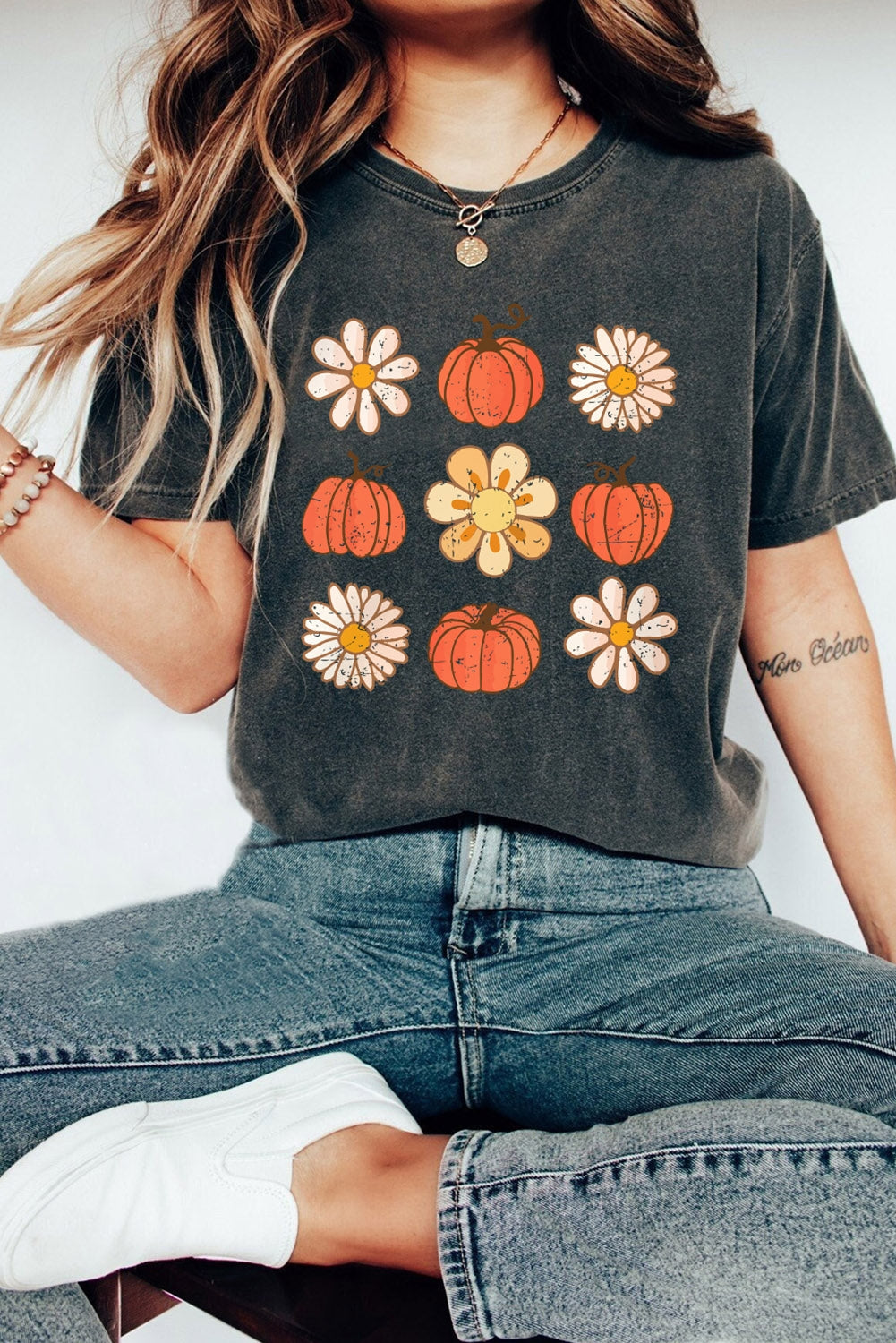 Ladies Fall Pumpkin and Floral T-shirt-Ladies T-Shirt-PureDesignTees