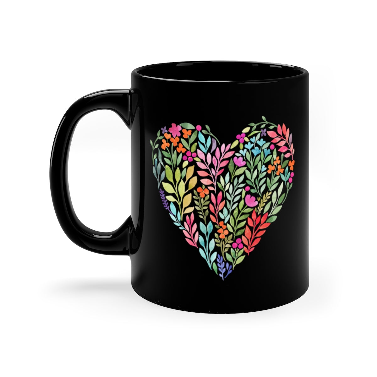 Classy Watercolor Floral Heart Black mug 11oz-Mug-PureDesignTees