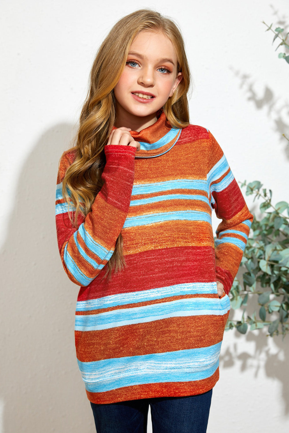Girls Striped Cowl Neck Top with Pockets-Sweater-PureDesignTees