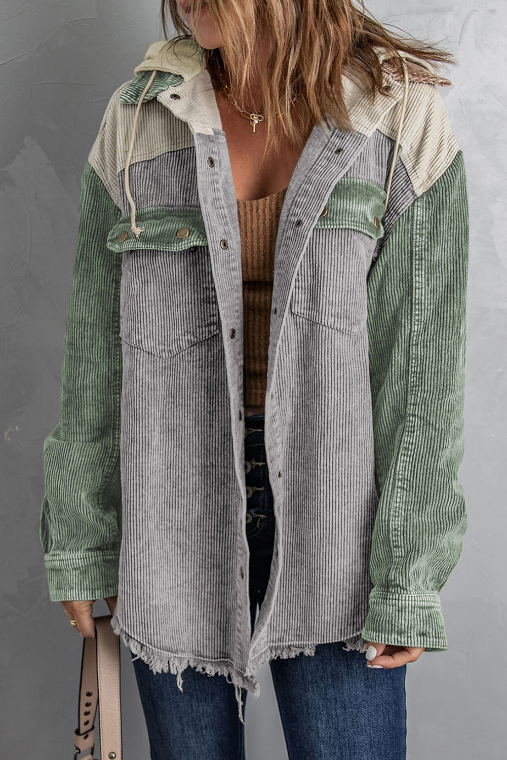 Snap Front Hooded Corduroy Shacket-Coats & Jackets-PureDesignTees