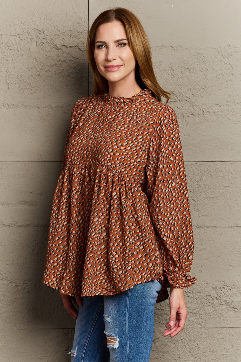 Cute Autumn Ruffle Detail Polka Dot Top for Casual Elegance-blouse-PureDesignTees