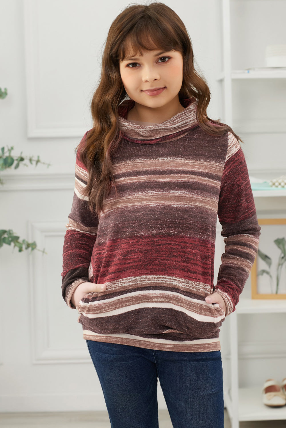 Girls Striped Cowl Neck Top with Pockets-Sweater-PureDesignTees