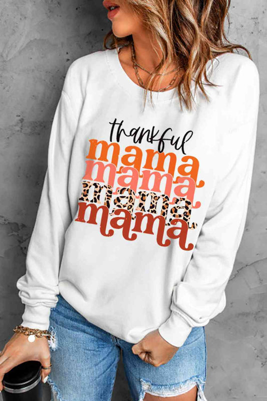 THANKFUL MAMA Graphic Dropped Shoulder Round Neck Sweatshirt-Sweatshirts-PureDesignTees