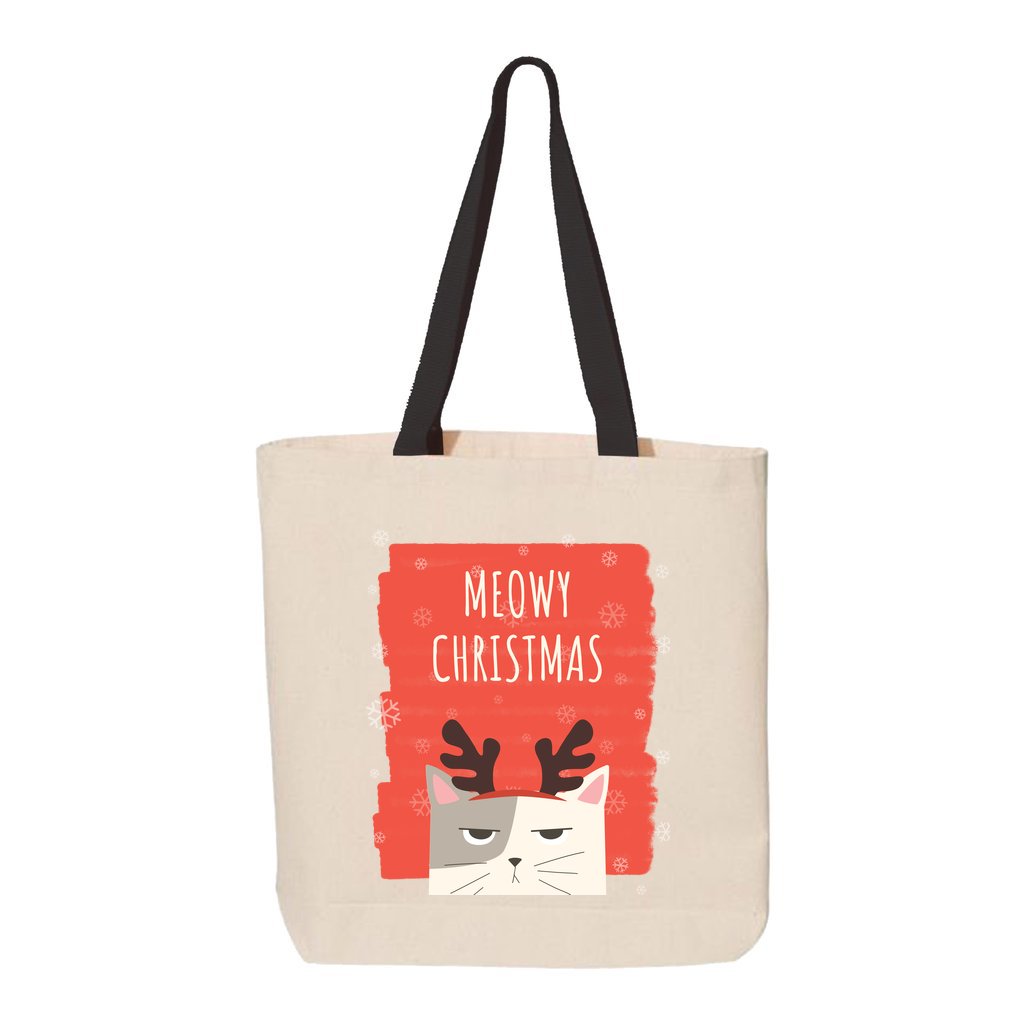Funny Cat Meowy Christmas Canvas Tote with Contrast-Color Handles-PureDesignTees