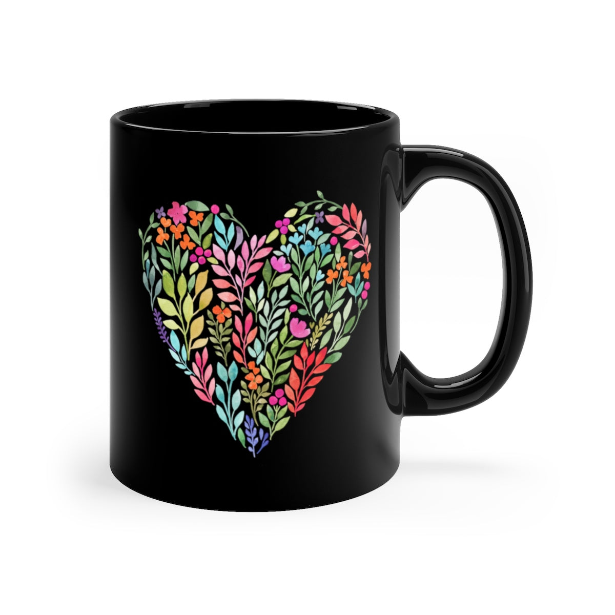 Classy Watercolor Floral Heart Black mug 11oz-Mug-PureDesignTees