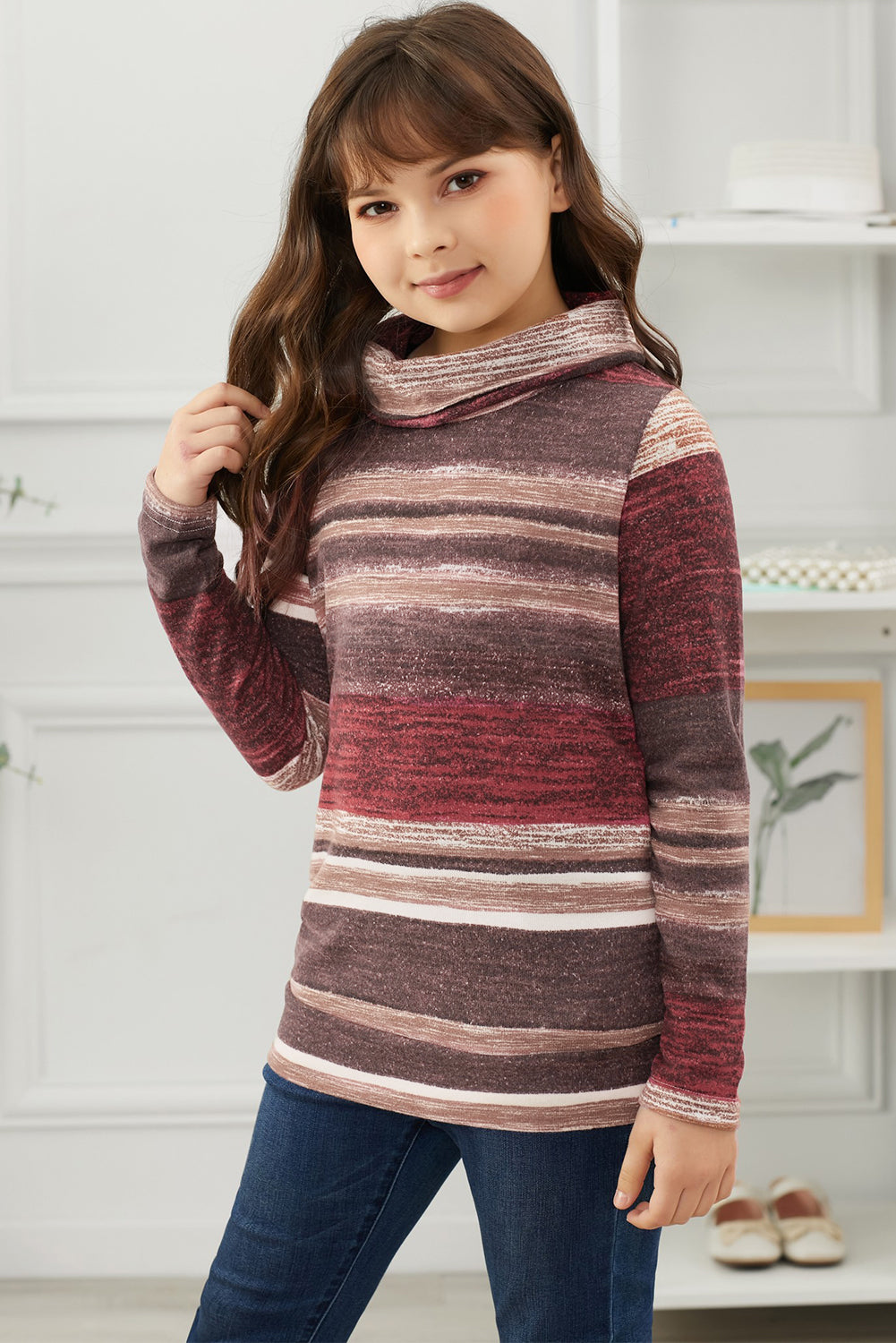 Girls Striped Cowl Neck Top with Pockets-Sweater-PureDesignTees