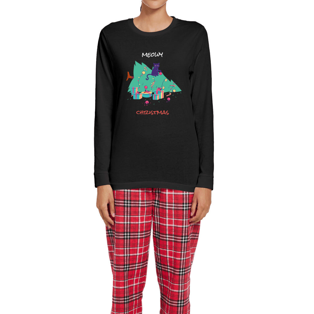 Funny Cat Christmas Meowy Christmas Women's Long Sleeve Top and Flannel Pants Set-Flannel Pants Set-PureDesignTees