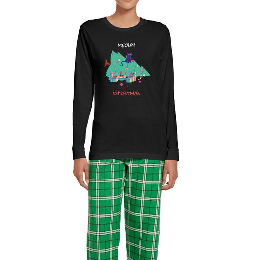 Funny Cat Christmas Meowy Christmas Women's Long Sleeve Top and Flannel Pants Set-Flannel Pants Set-PureDesignTees