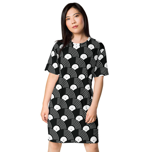 Vinyl Record Pattern T-shirt dress-Dresses-PureDesignTees