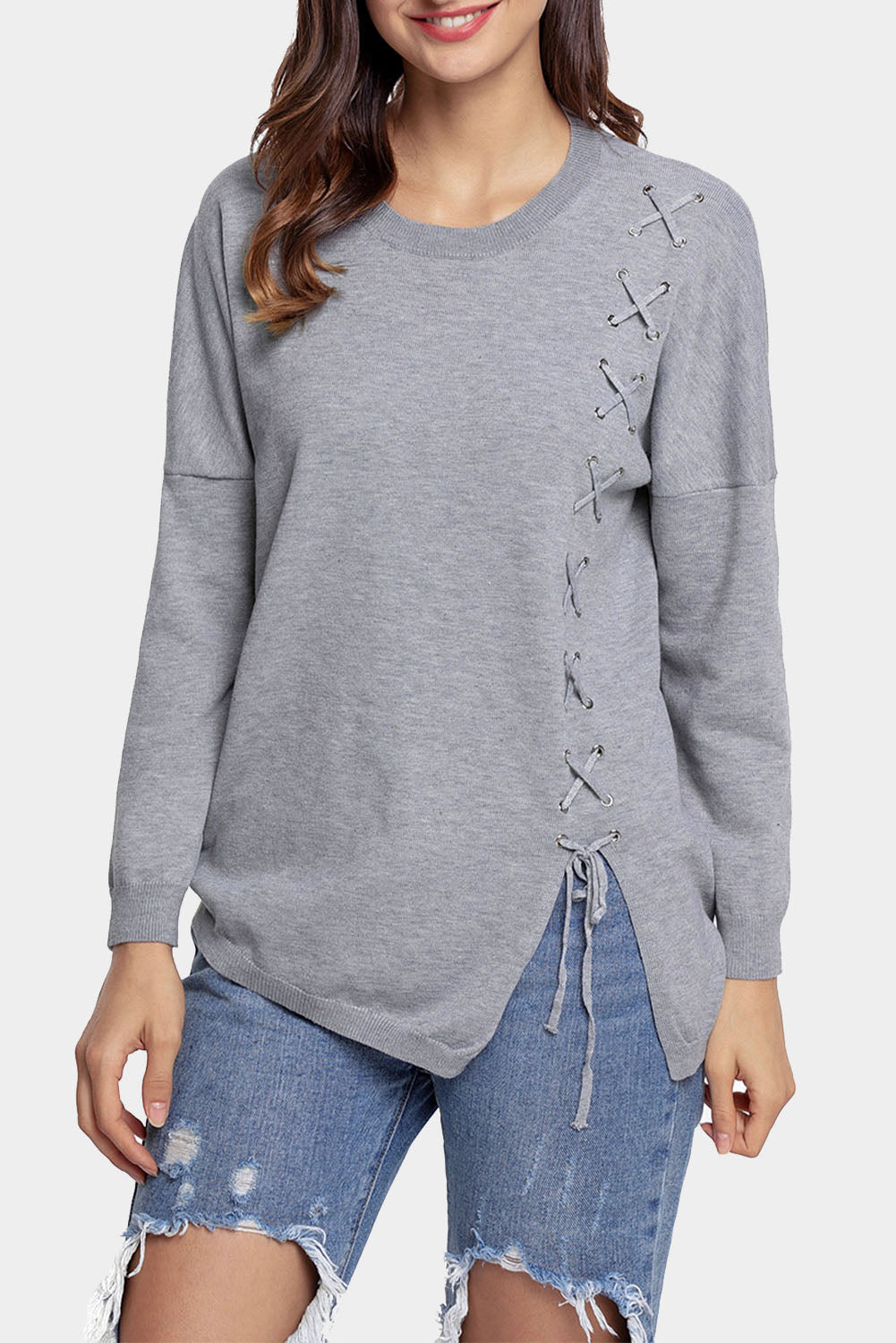 Lace-Up Slit Knit Top-top-PureDesignTees