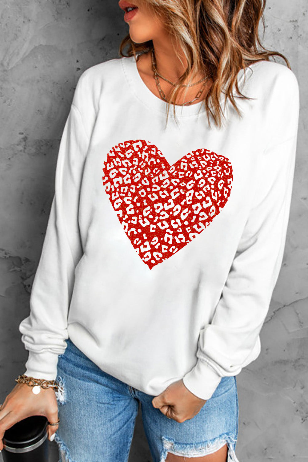 Leopard Heart Graphic Drop Shoulder Sweatshirt-Sweatshirt-PureDesignTees