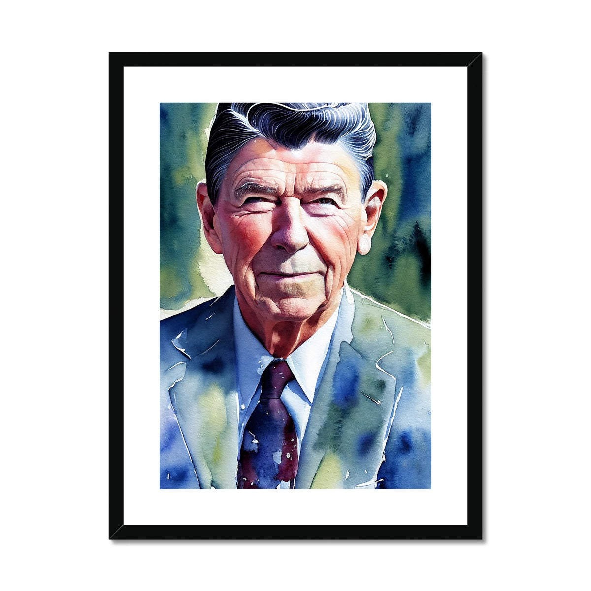 Ronald Reagan Watercolor Portrait Framed & Mounted Print-Fine art-PureDesignTees