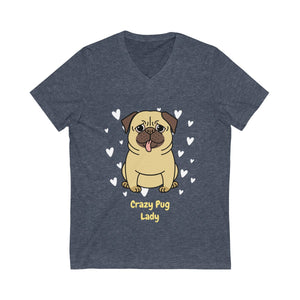 Crazy Pug Lady Unisex Jersey Short Sleeve V-Neck Tee-V-neck-PureDesignTees