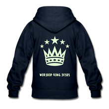 Load image into Gallery viewer, Glow in the Dark Worship King Jesus Gildan Heavy Blend Youth Zip Hoodie-Gildan Heavy Blend Youth Zip Hoodie-PureDesignTees