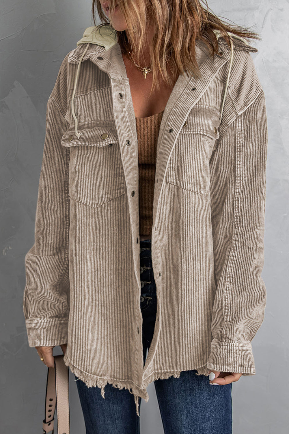 Snap Front Hooded Corduroy Shacket-Coats & Jackets-PureDesignTees