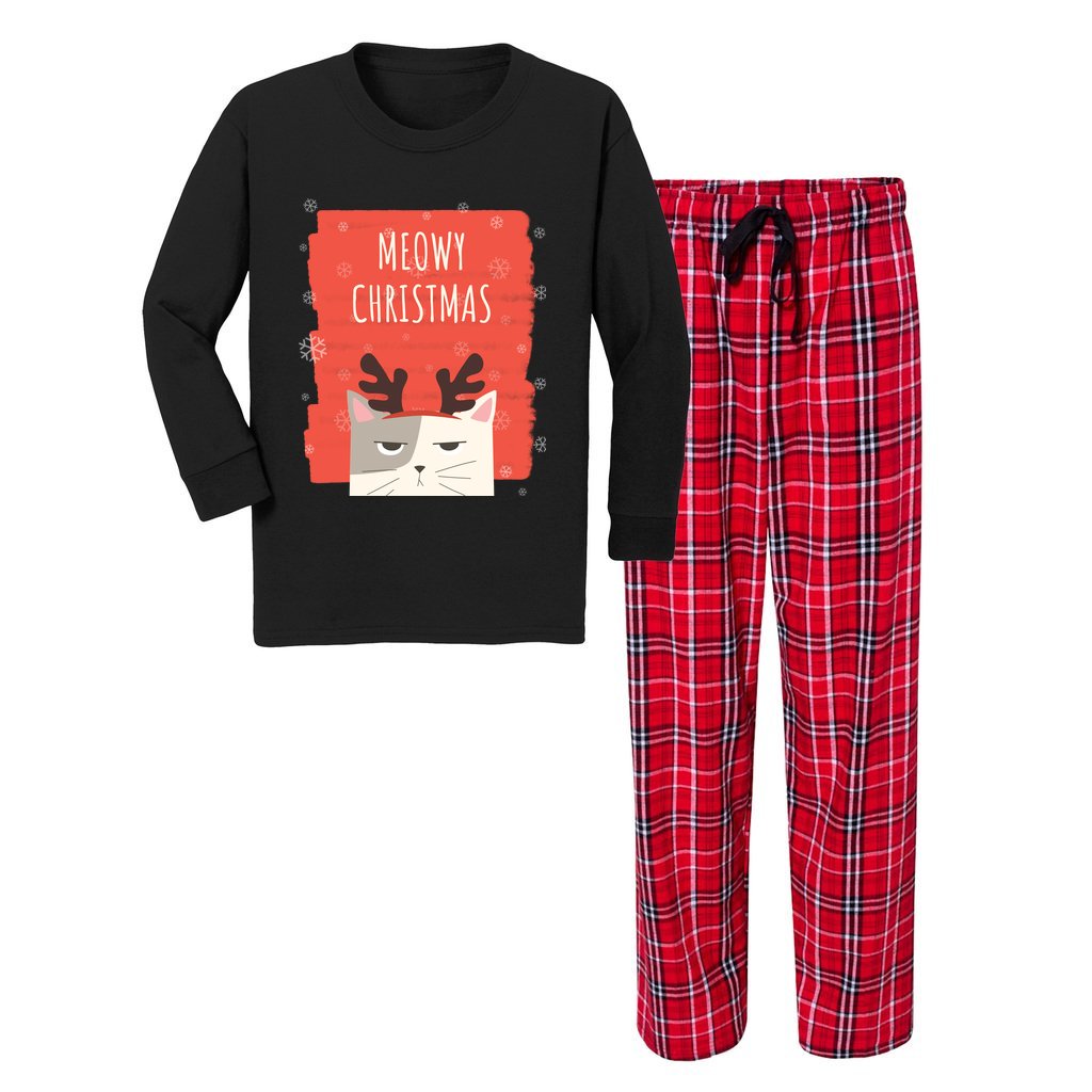 Funny Cat Christmas Meowy Christmas Youth Long Sleeve Top and Flannel Pants Set-Flannel Pants Set-PureDesignTees