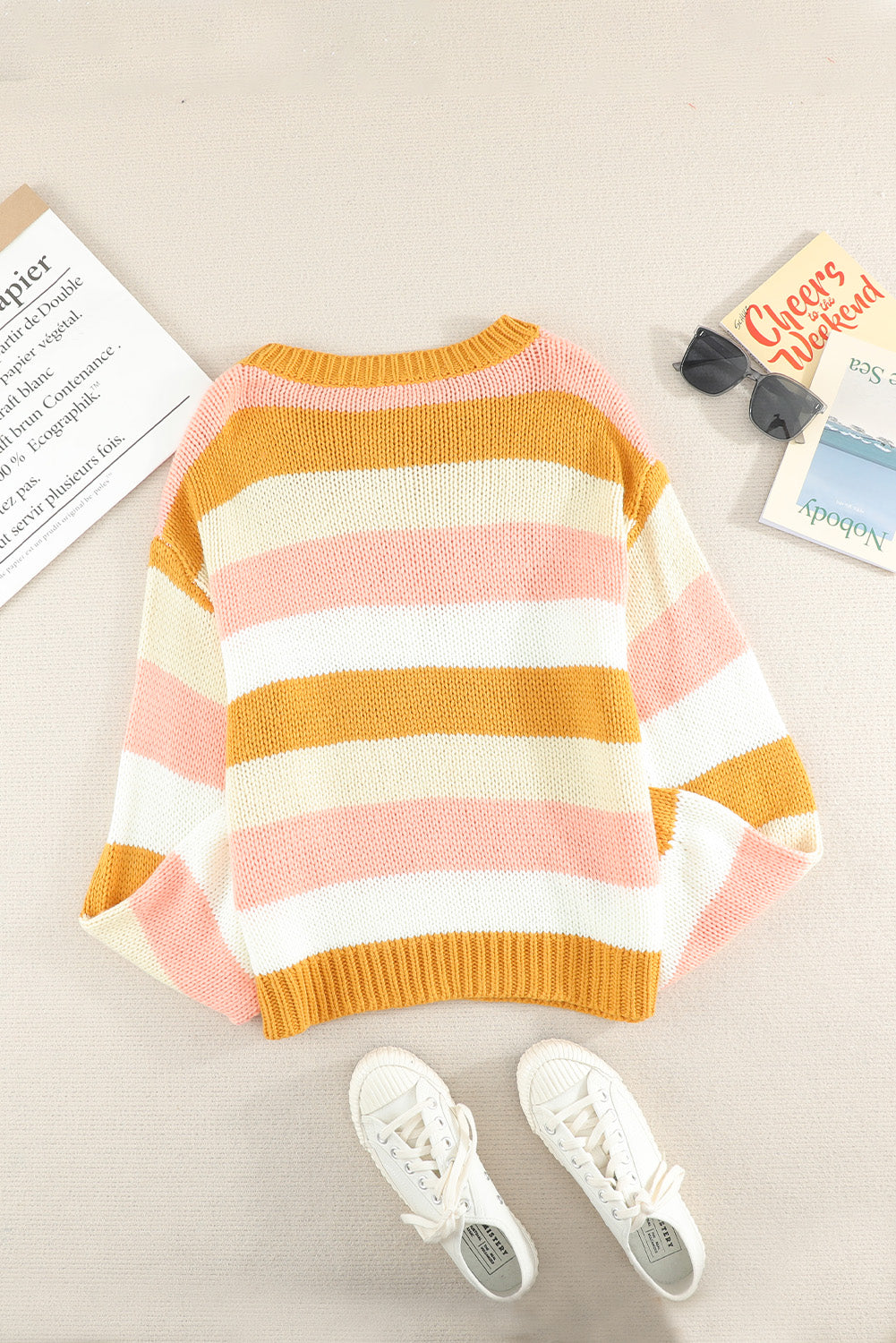 Striped Dropped Shoulder Knitted Pullover Sweater-Sweater-PureDesignTees
