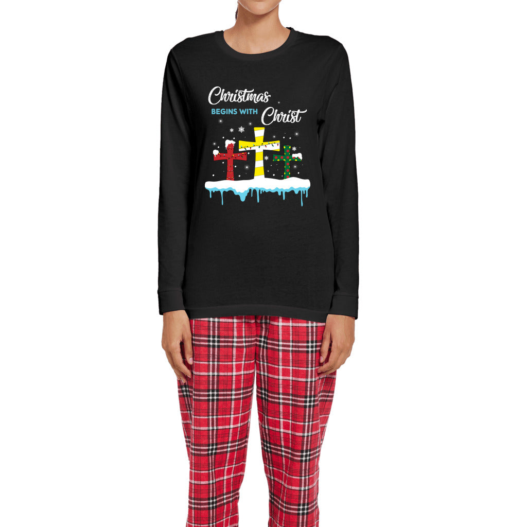 Christmas Begins with Christ Women's Long Sleeve Top and Flannel Pants Set-Flannel Pants Set-PureDesignTees