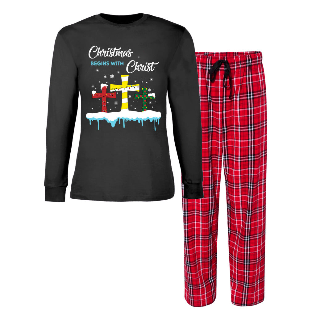 Christmas Begins with Christ Women's Long Sleeve Top and Flannel Pants Set-Flannel Pants Set-PureDesignTees