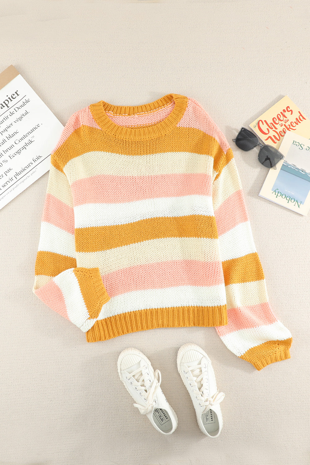 Striped Dropped Shoulder Knitted Pullover Sweater-Sweater-PureDesignTees