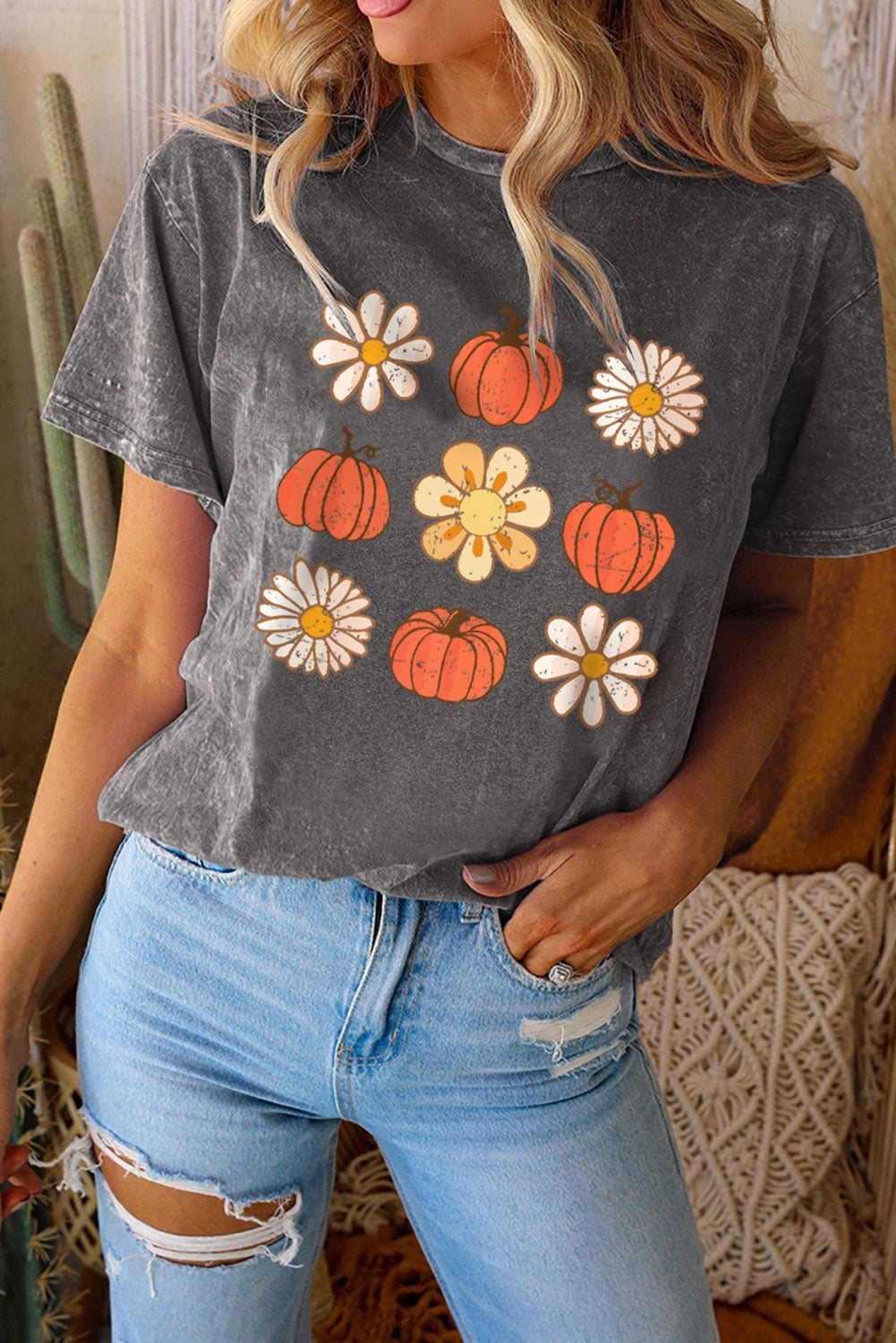 Ladies Fall Pumpkin and Floral T-shirt-Ladies T-Shirt-PureDesignTees