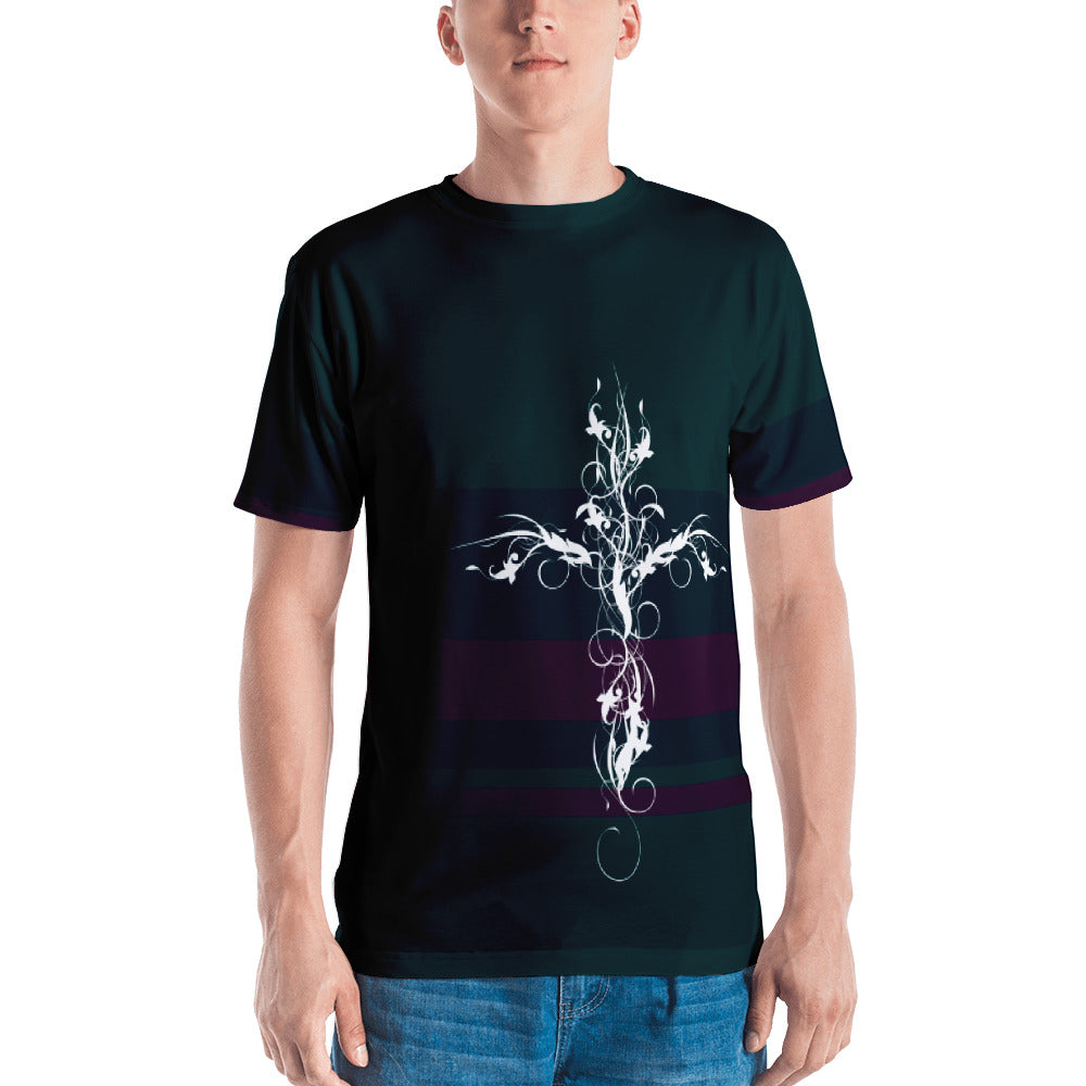 Grunge Cross on Striped Men's T-shirt-t-shirt-PureDesignTees