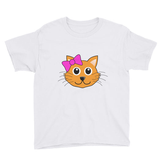 Cute Cat with Bow Youth Short Sleeve T-Shirt For Girls-T-Shirt-PureDesignTees