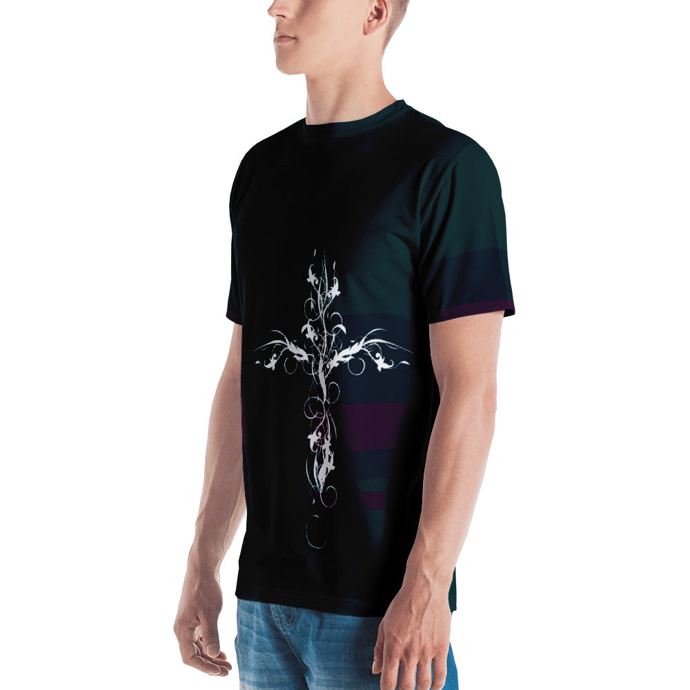 Grunge Cross on Striped Men's T-shirt-t-shirt-PureDesignTees