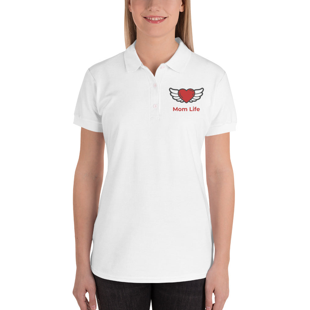 Mom Life Angel Heart Embroidered Women's Polo Shirt-Embroidered Polo-PureDesignTees