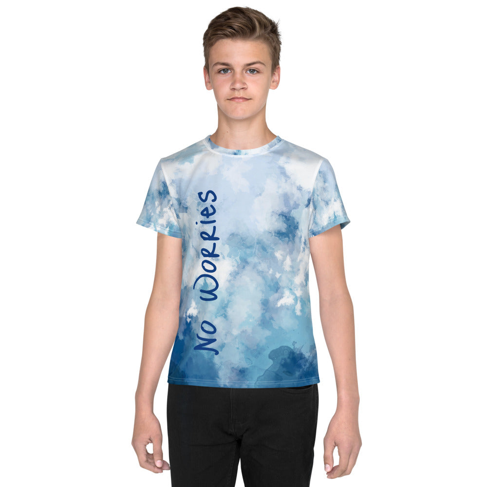 No Worries Blue Watercolor Youth T-Shirt-youth all over print t-shirt-PureDesignTees